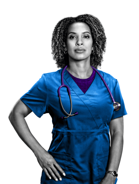 Nurse in blue scrubs with stethoscope